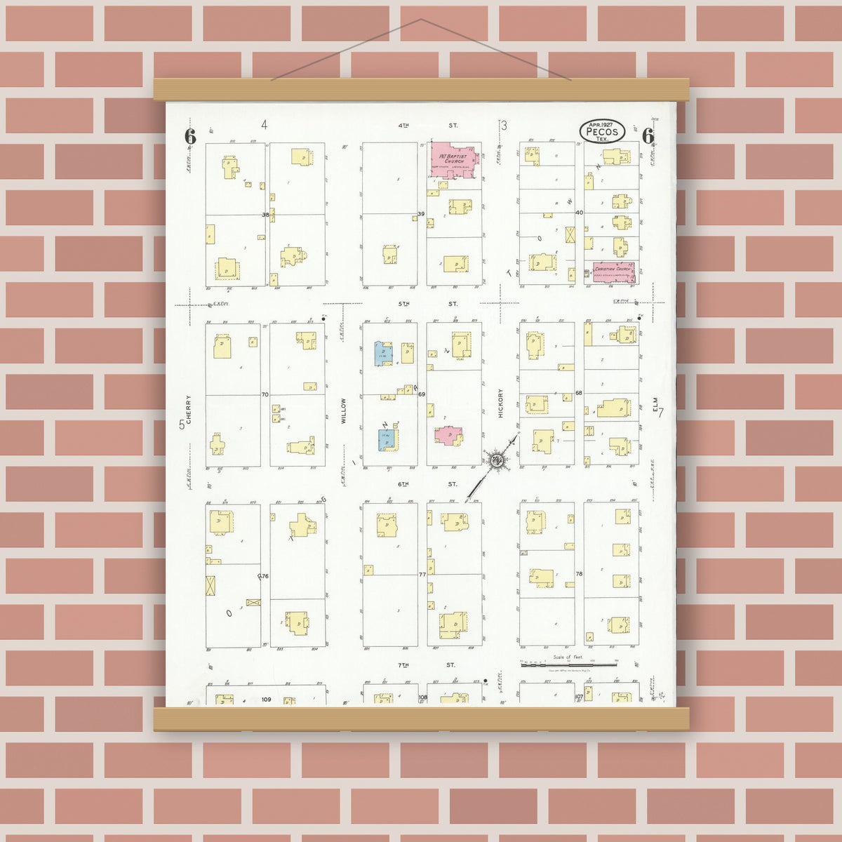 Old map wall art mockup — magnetic wood frame on brick wall — Sanborn Fire Insurance Map from Pecos, Reeves County, Texas (1927), Sheet #0006