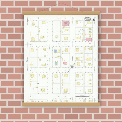 Old map wall art mockup — magnetic wood frame on brick wall — Sanborn Fire Insurance Map from Pecos, Reeves County, Texas (1927), Sheet #0006