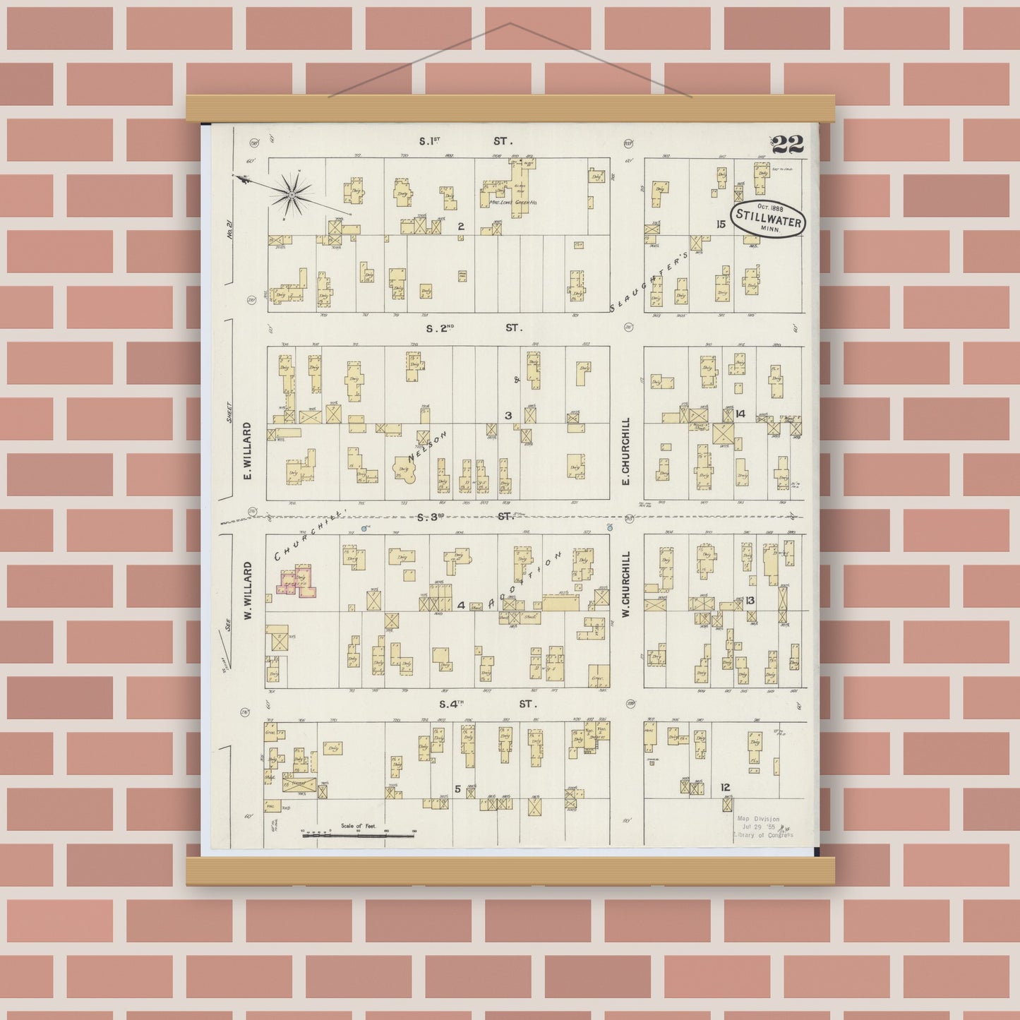 Old map wall art mockup — magnetic wood frame on brick wall — Sanborn Fire Insurance Map from Stillwater, Washington County, Minnesota (1888), Sheet #0022