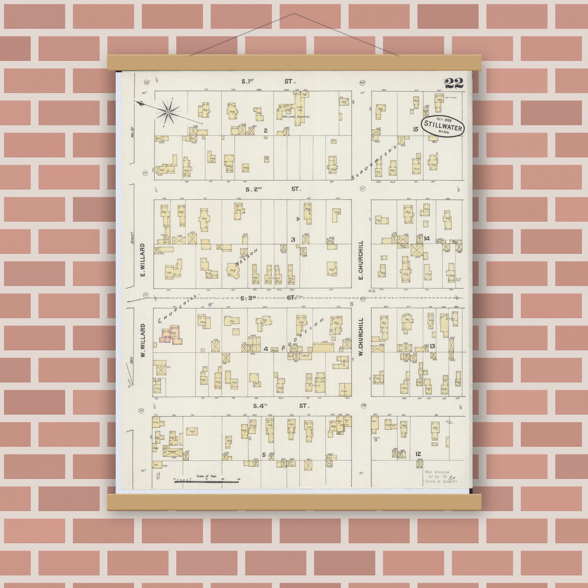Old map wall art mockup — magnetic wood frame on brick wall — Sanborn Fire Insurance Map from Stillwater, Washington County, Minnesota (1888), Sheet #0022