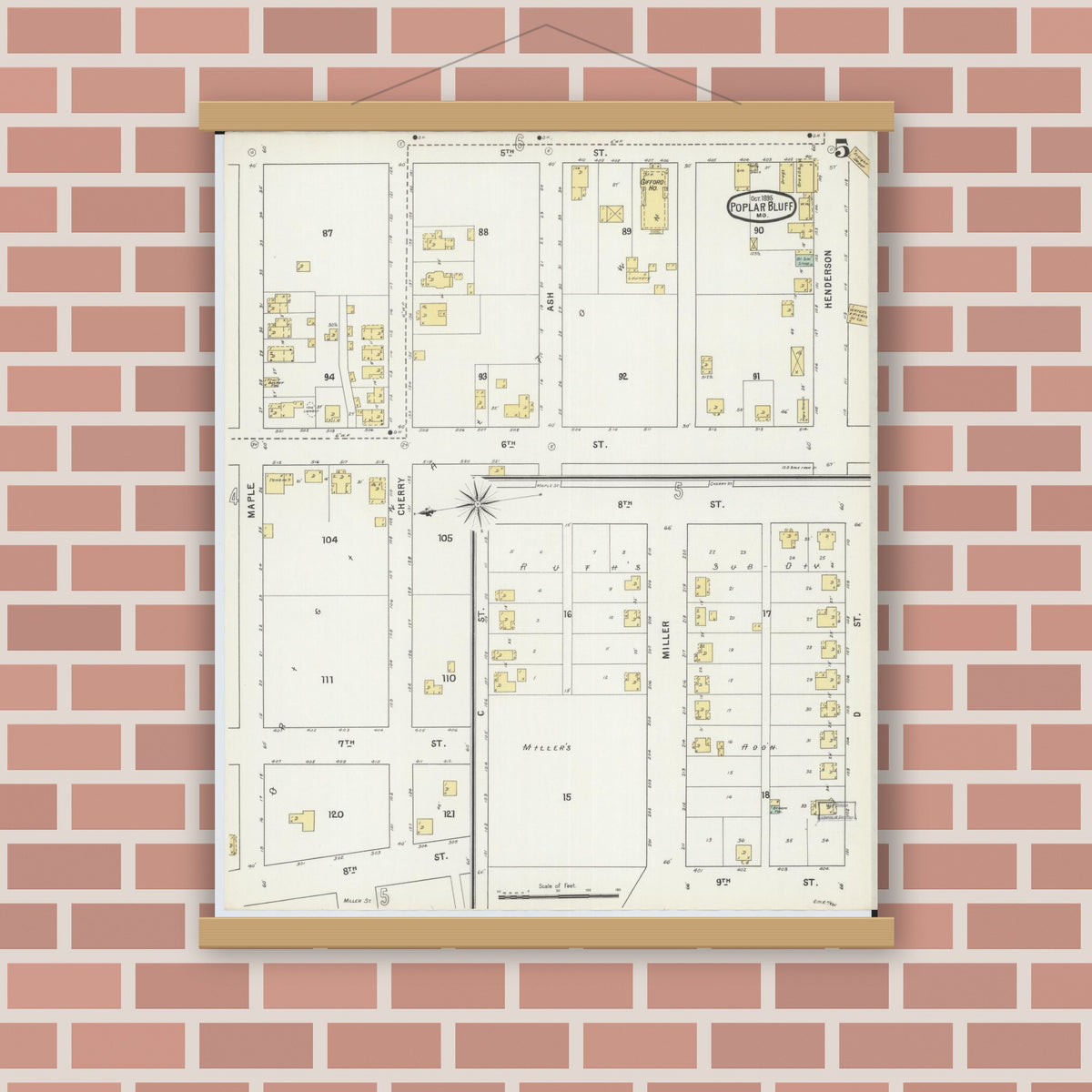 Old map wall art mockup — magnetic wood frame on brick wall — Sanborn Fire Insurance Map from Poplar Bluff, Butler County, Missouri (1895), Sheet #0005