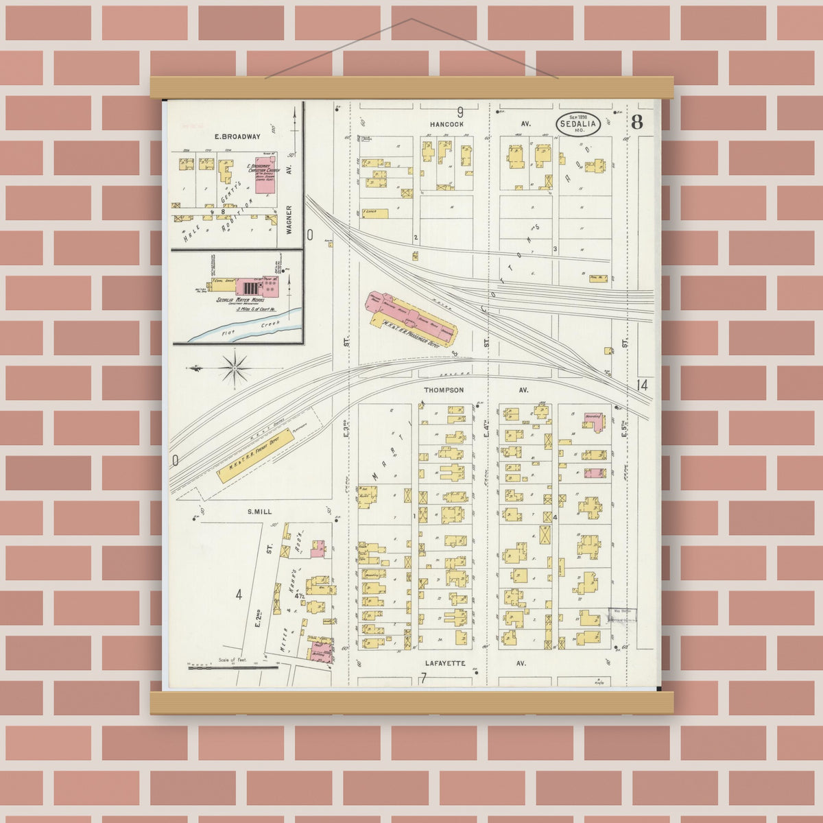 Old map wall art mockup — magnetic wood frame on brick wall — Sanborn Fire Insurance Map from Sedalia, Pettis County, Missouri (1898), Sheet #0008