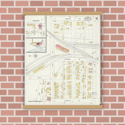 Old map wall art mockup — magnetic wood frame on brick wall — Sanborn Fire Insurance Map from Sedalia, Pettis County, Missouri (1898), Sheet #0008