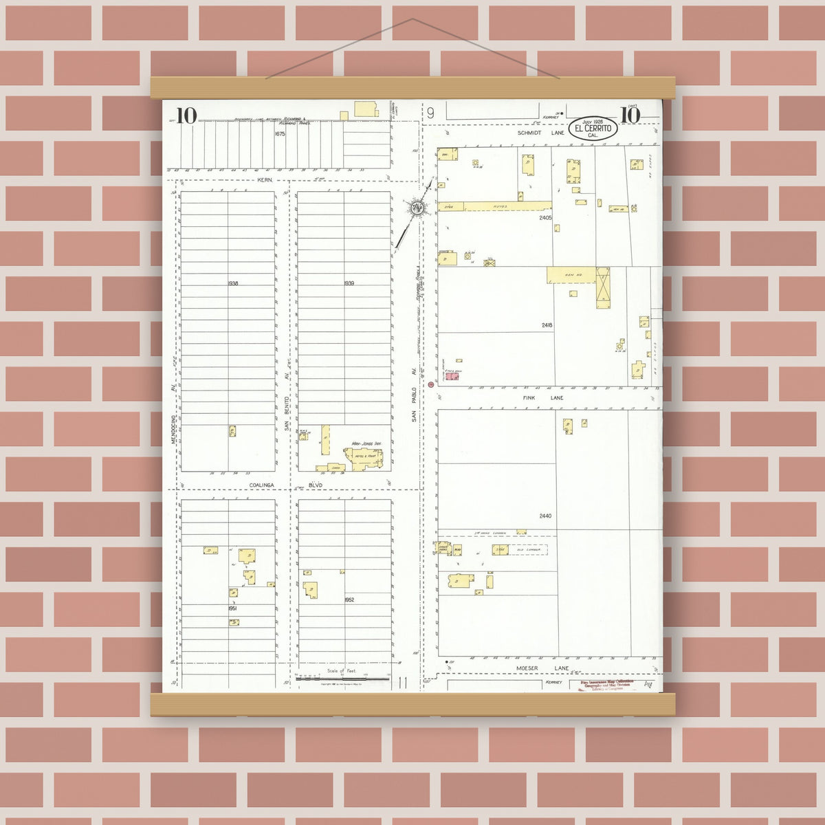 Old map wall art mockup — magnetic wood frame on brick wall — Sanborn Fire Insurance Map from El Cerrito, Contra Costa County, California (1926), Sheet #0010