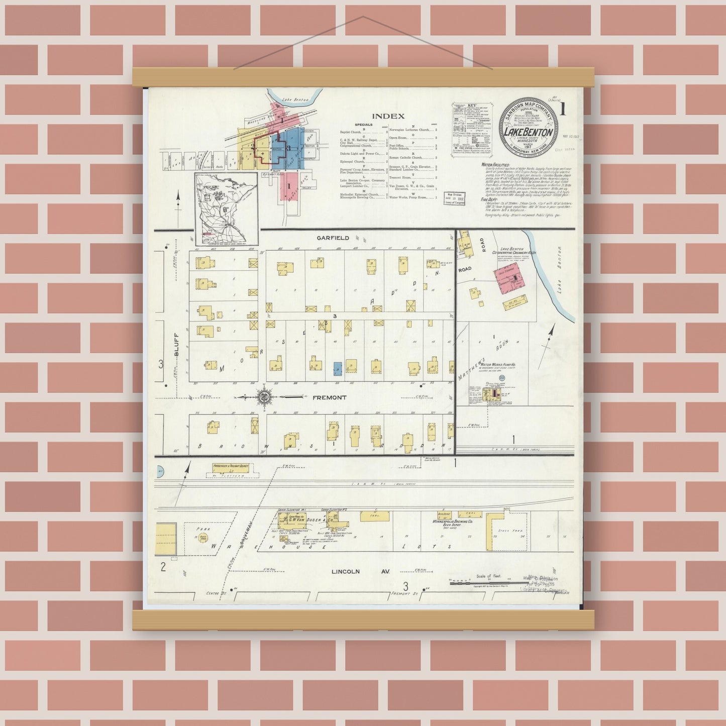 Old map wall art mockup — magnetic wood frame on brick wall — Sanborn Fire Insurance Map from Lake Benton, Lincoln County, Minnesota (1917), Sheet #0001