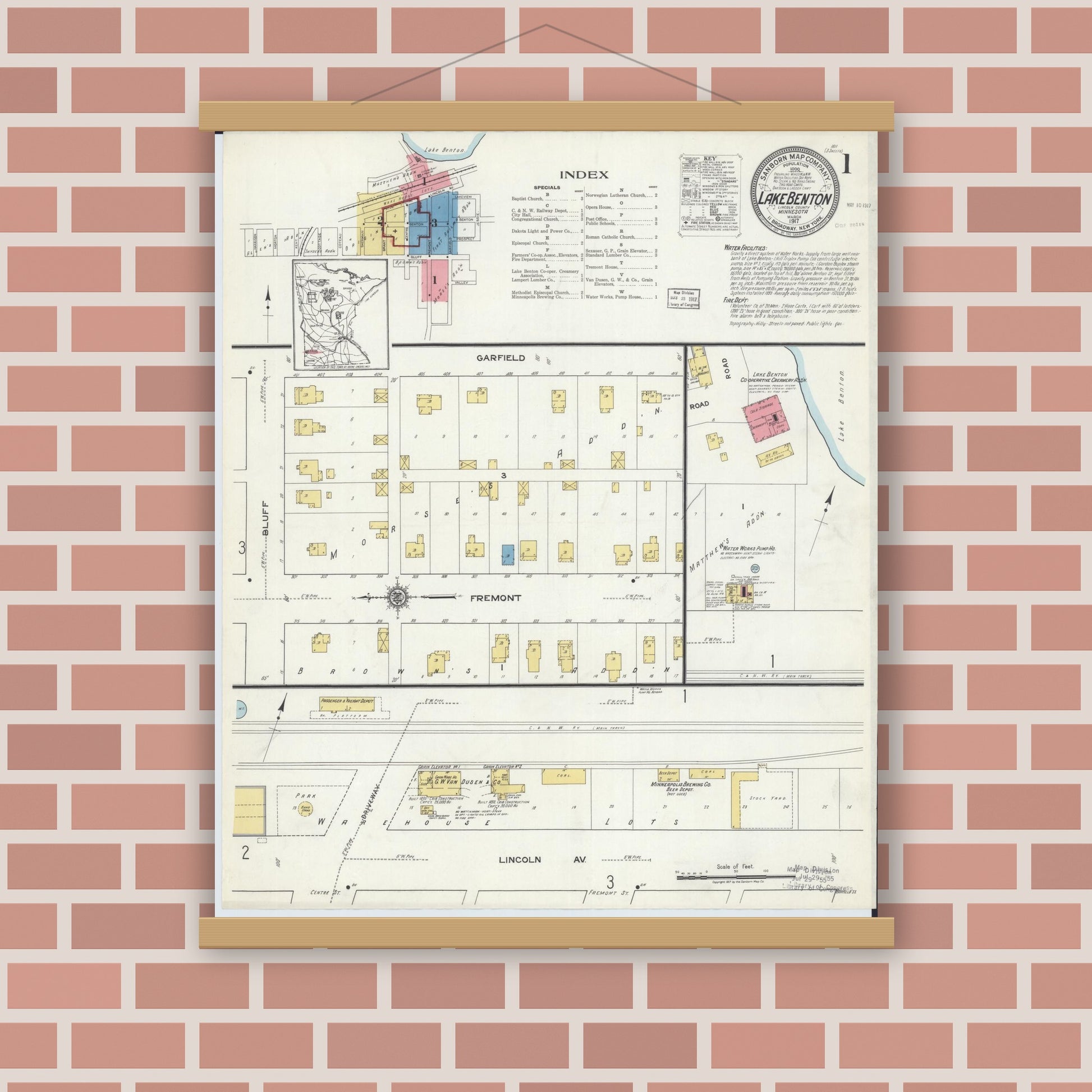 Old map wall art mockup — magnetic wood frame on brick wall — Sanborn Fire Insurance Map from Lake Benton, Lincoln County, Minnesota (1917), Sheet #0001