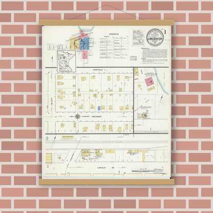 Old map wall art mockup — magnetic wood frame on brick wall — Sanborn Fire Insurance Map from Lake Benton, Lincoln County, Minnesota (1917), Sheet #0001