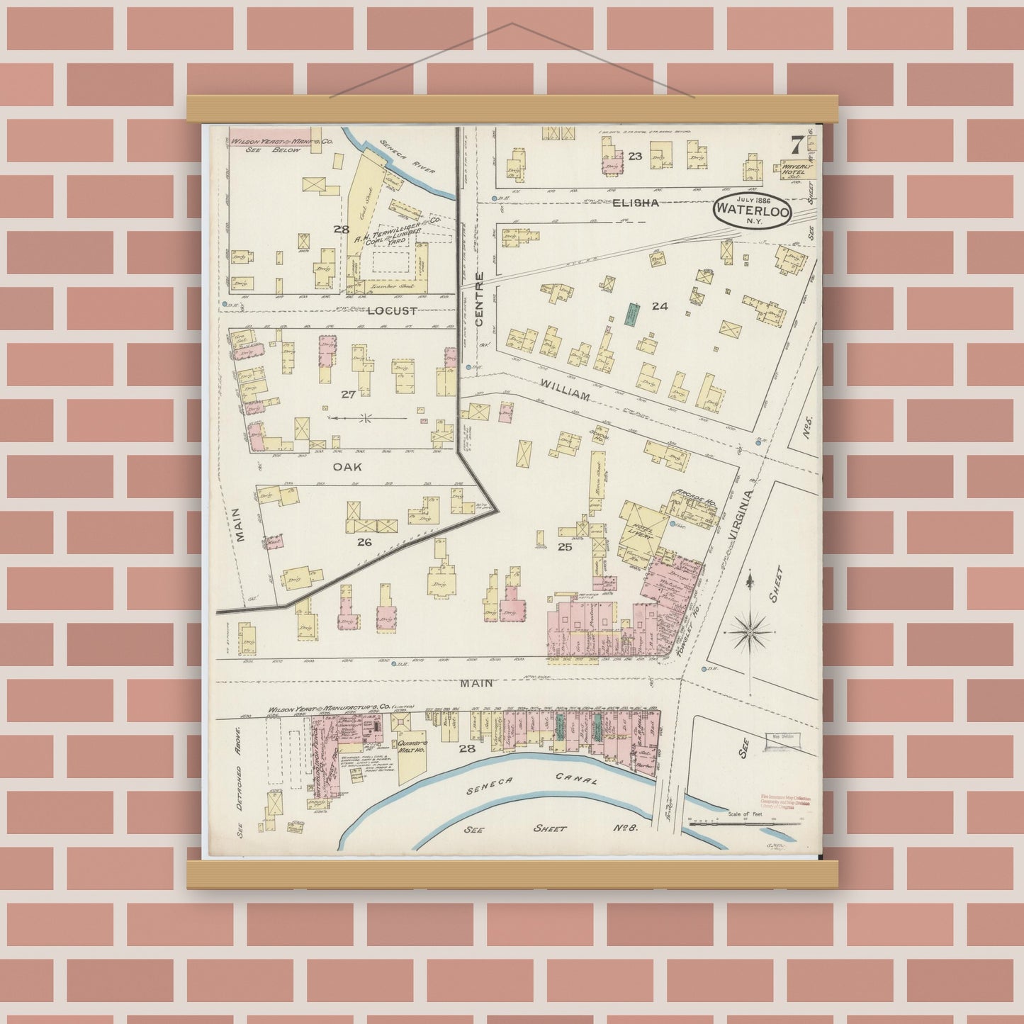 Old map wall art mockup — magnetic wood frame on brick wall — Sanborn Fire Insurance Map from Waterloo, Seneca County, New York (1886), Sheet #0007