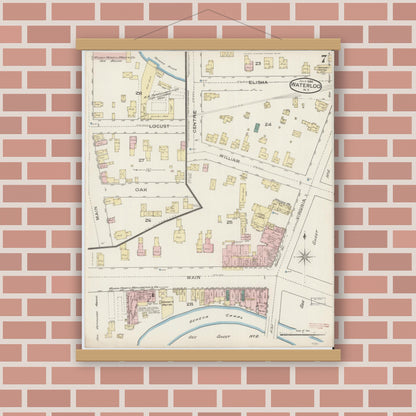 Old map wall art mockup — magnetic wood frame on brick wall — Sanborn Fire Insurance Map from Waterloo, Seneca County, New York (1886), Sheet #0007
