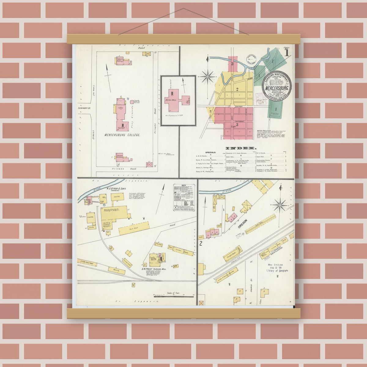 Old map wall art mockup — magnetic wood frame on brick wall — Sanborn Fire Insurance Map from Mercersburg, Franklin County, Pennsylvania (1902) - Complete Map Set