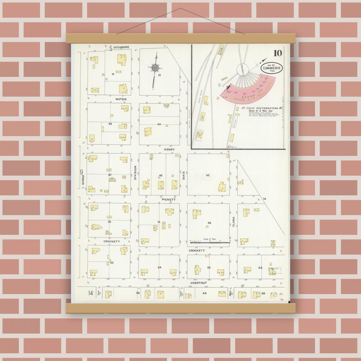 Old map wall art mockup — magnetic wood frame on brick wall — Sanborn Fire Insurance Map from Commerce, Hunt County, Texas (1911), Sheet #0010