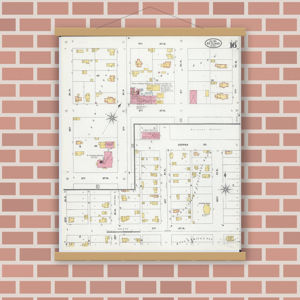 Old map wall art mockup — magnetic wood frame on brick wall — Sanborn Fire Insurance Map from Saint Cloud, Stearns, Benton, and Sherburne Counties, Minnesota (1904), Sheet #0016