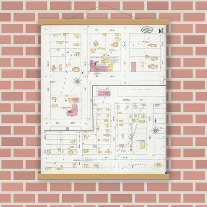 Old map wall art mockup — magnetic wood frame on brick wall — Sanborn Fire Insurance Map from Saint Cloud, Stearns, Benton, and Sherburne Counties, Minnesota (1904), Sheet #0016