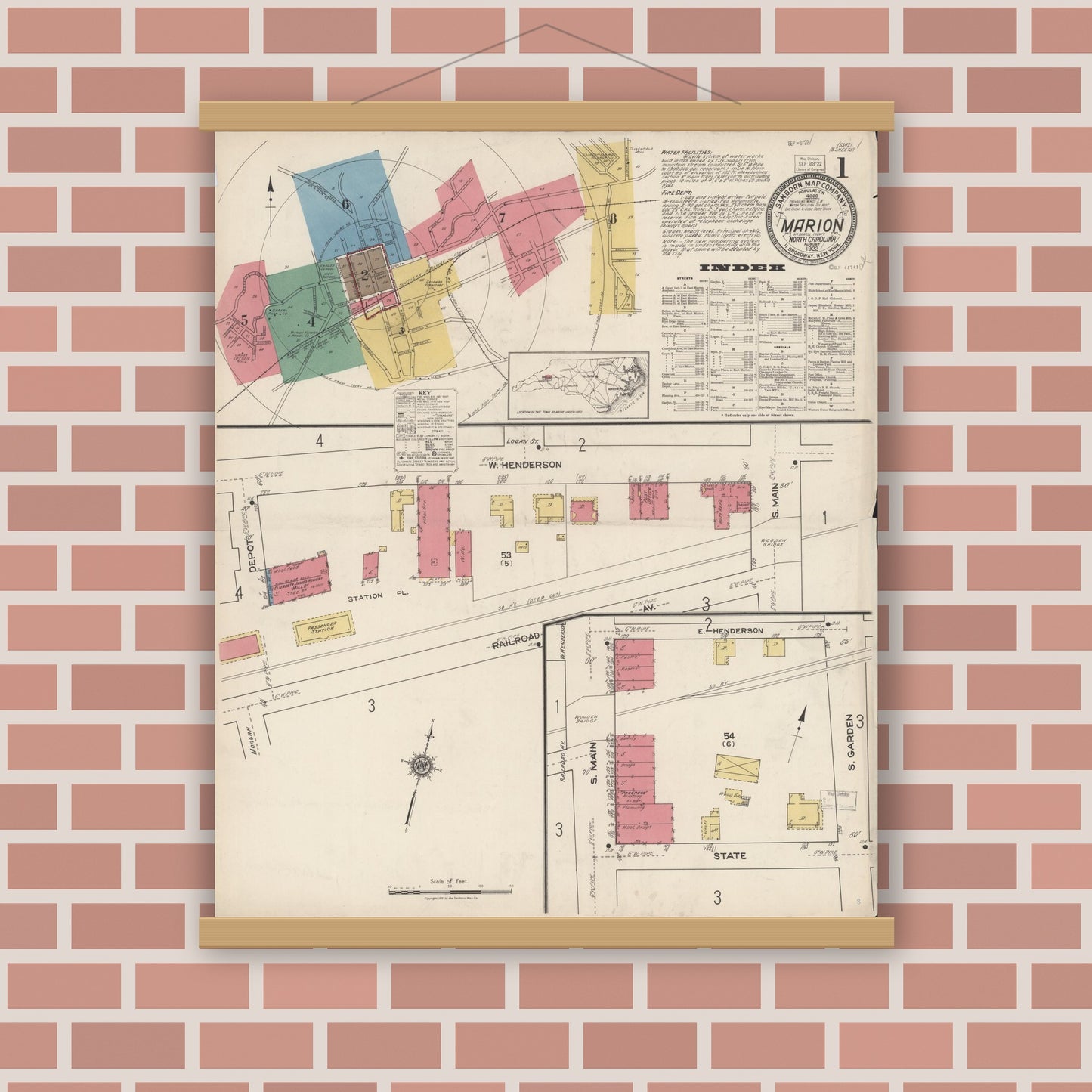 Old map wall art mockup — magnetic wood frame on brick wall — Sanborn Fire Insurance Map from Marion, Mcdowell County, North Carolina (1922) - Complete Map Set
