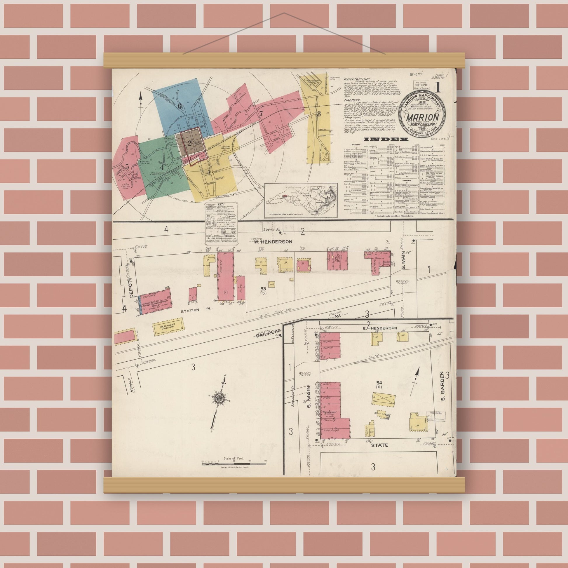 Old map wall art mockup — magnetic wood frame on brick wall — Sanborn Fire Insurance Map from Marion, Mcdowell County, North Carolina (1922) - Complete Map Set