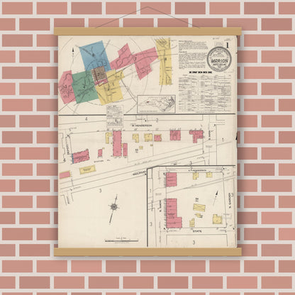 Old map wall art mockup — magnetic wood frame on brick wall — Sanborn Fire Insurance Map from Marion, Mcdowell County, North Carolina (1922) - Complete Map Set