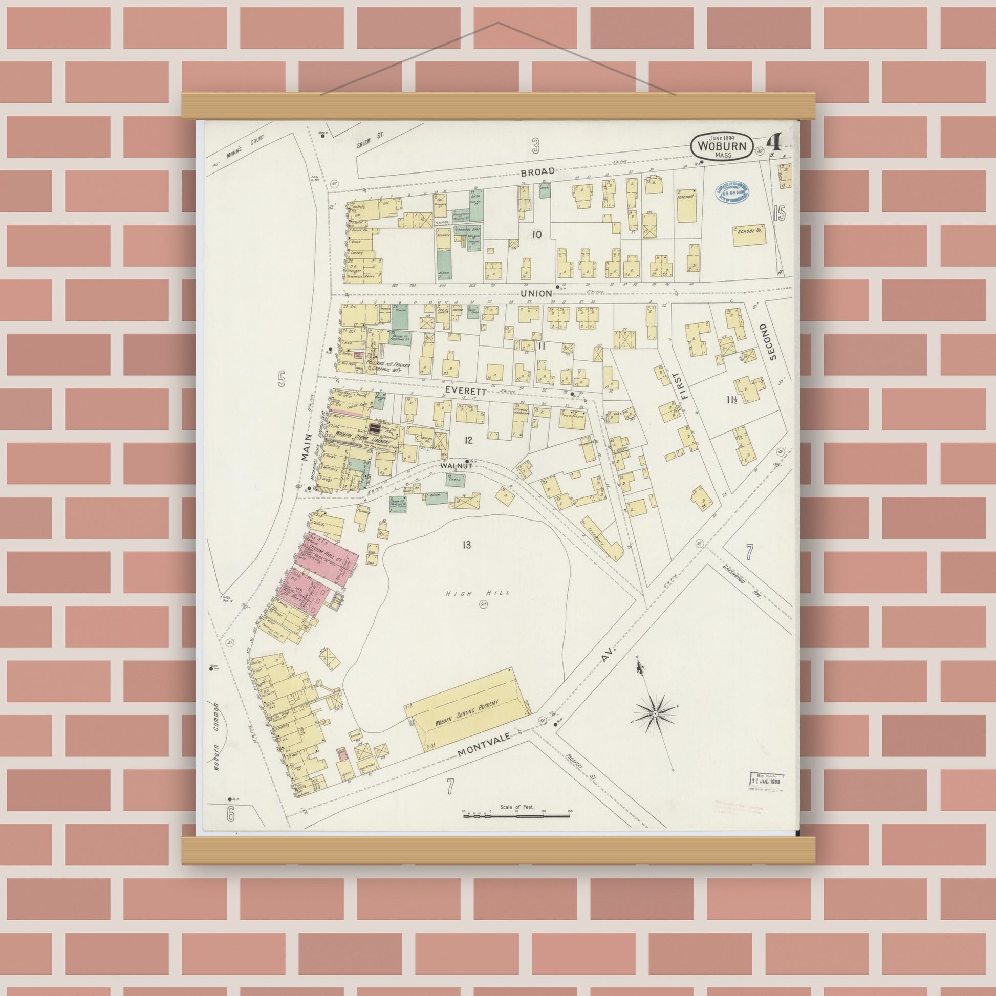 Old map wall art mockup — magnetic wood frame on brick wall — Sanborn Fire Insurance Map from Woburn, Middlesex County, Massachusetts (1894), Sheet #0004