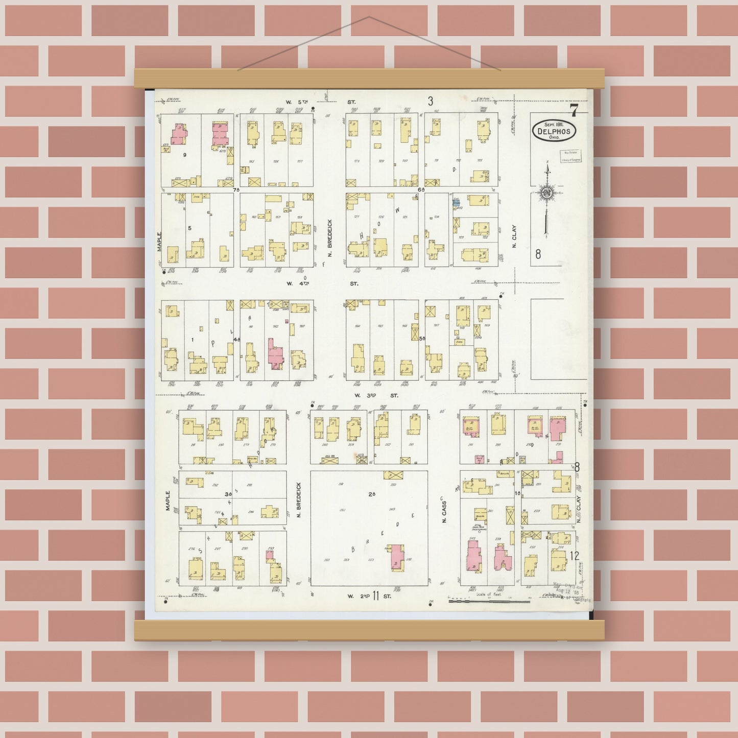 Old map wall art mockup — magnetic wood frame on brick wall — Sanborn Fire Insurance Map from Delphos, Van Wert And Allen Counties, Ohio (1911), Sheet #0007