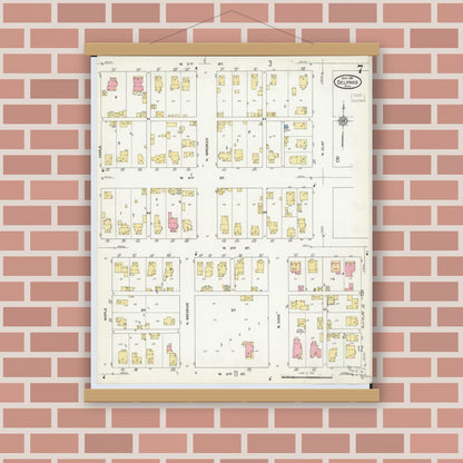 Old map wall art mockup — magnetic wood frame on brick wall — Sanborn Fire Insurance Map from Delphos, Van Wert And Allen Counties, Ohio (1911), Sheet #0007