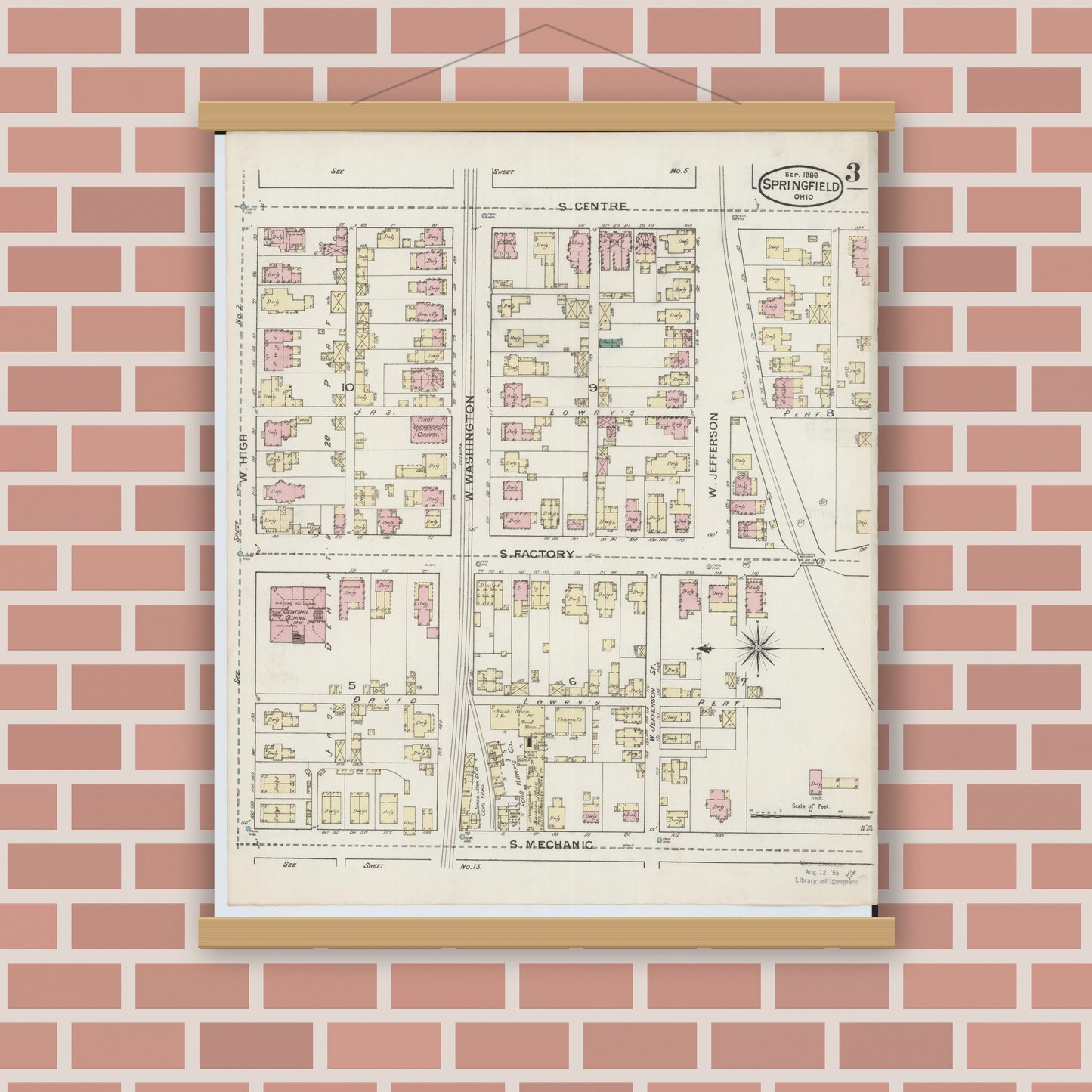 Old map wall art mockup — magnetic wood frame on brick wall — Sanborn Fire Insurance Map from Springfield, Clark County, Ohio (1886), Sheet #0003