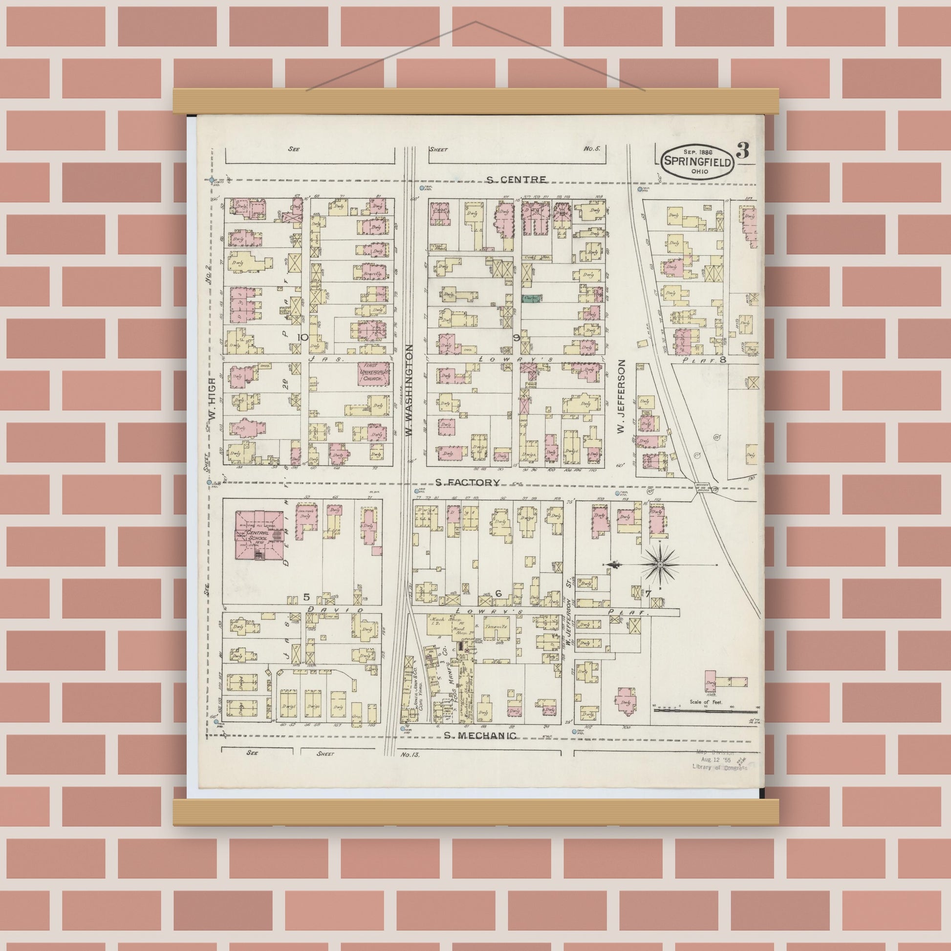 Old map wall art mockup — magnetic wood frame on brick wall — Sanborn Fire Insurance Map from Springfield, Clark County, Ohio (1886), Sheet #0003