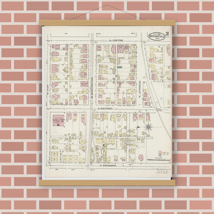 Old map wall art mockup — magnetic wood frame on brick wall — Sanborn Fire Insurance Map from Springfield, Clark County, Ohio (1886), Sheet #0003
