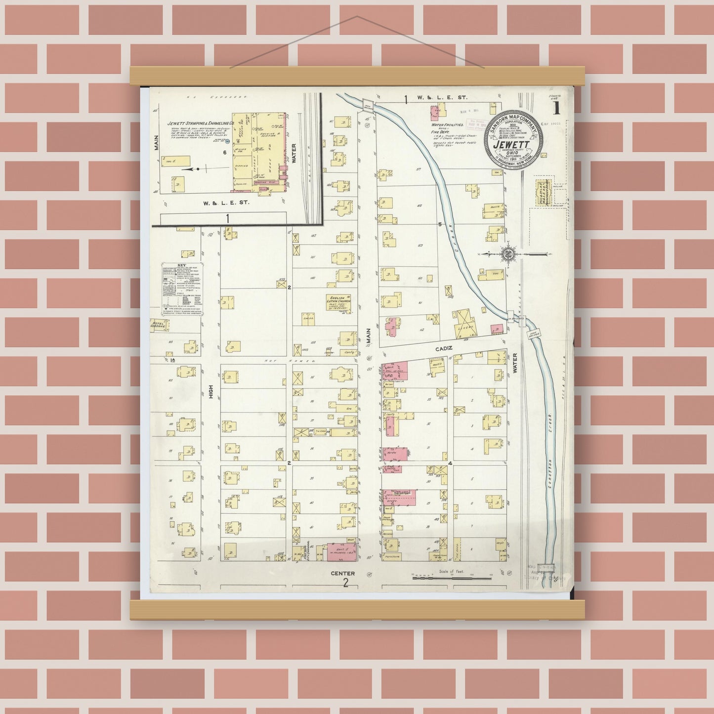 Old map wall art mockup — magnetic wood frame on brick wall — Sanborn Fire Insurance Map from Jewett, Harrison County, Ohio (1911), Sheet #0001