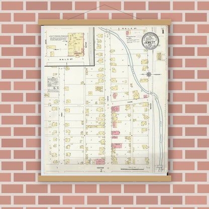 Old map wall art mockup — magnetic wood frame on brick wall — Sanborn Fire Insurance Map from Jewett, Harrison County, Ohio (1911), Sheet #0001