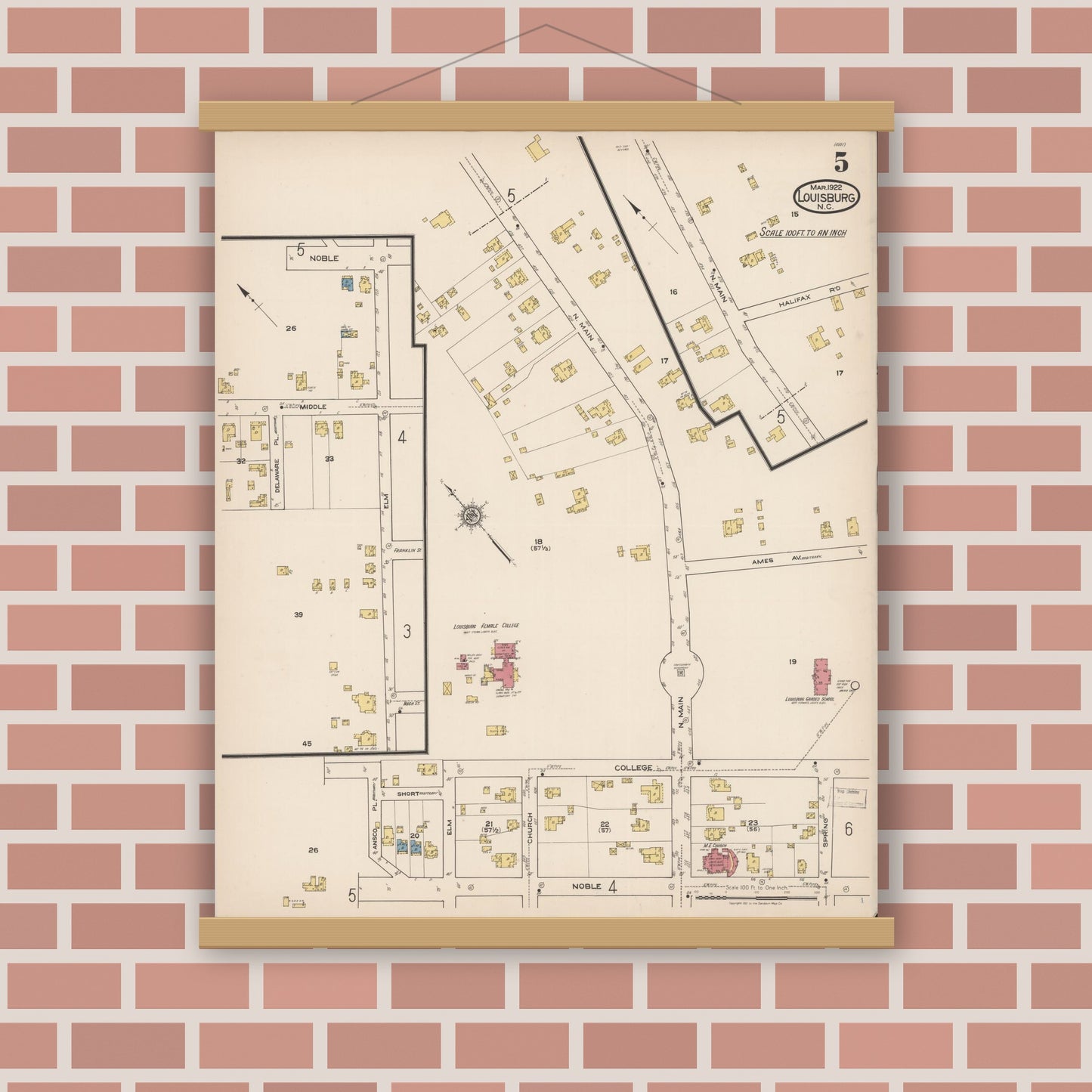 Old map wall art mockup — magnetic wood frame on brick wall — Sanborn Fire Insurance Map from Louisburg, Franklin County, North Carolina (1922), Sheet #0005