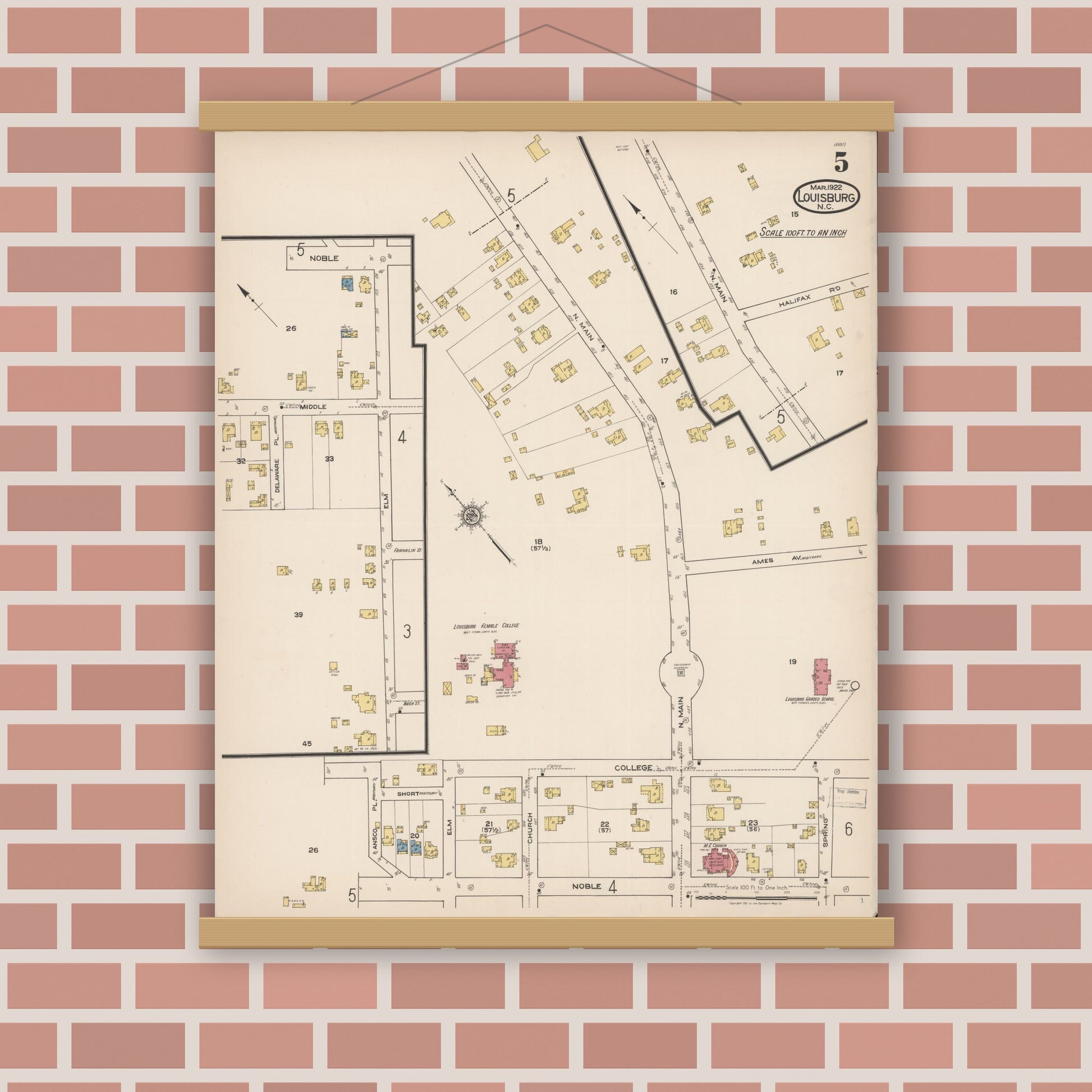 Old map wall art mockup — magnetic wood frame on brick wall — Sanborn Fire Insurance Map from Louisburg, Franklin County, North Carolina (1922), Sheet #0005