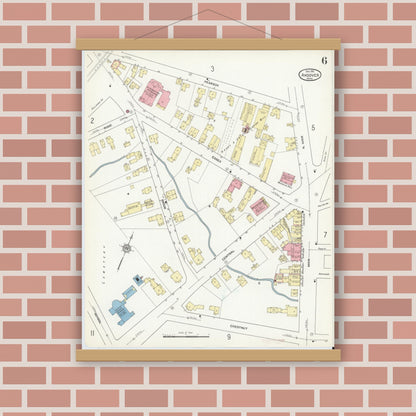 Old map wall art mockup — magnetic wood frame on brick wall — Sanborn Fire Insurance Map from Andover, Essex County, Massachusetts (1911), Sheet #0006