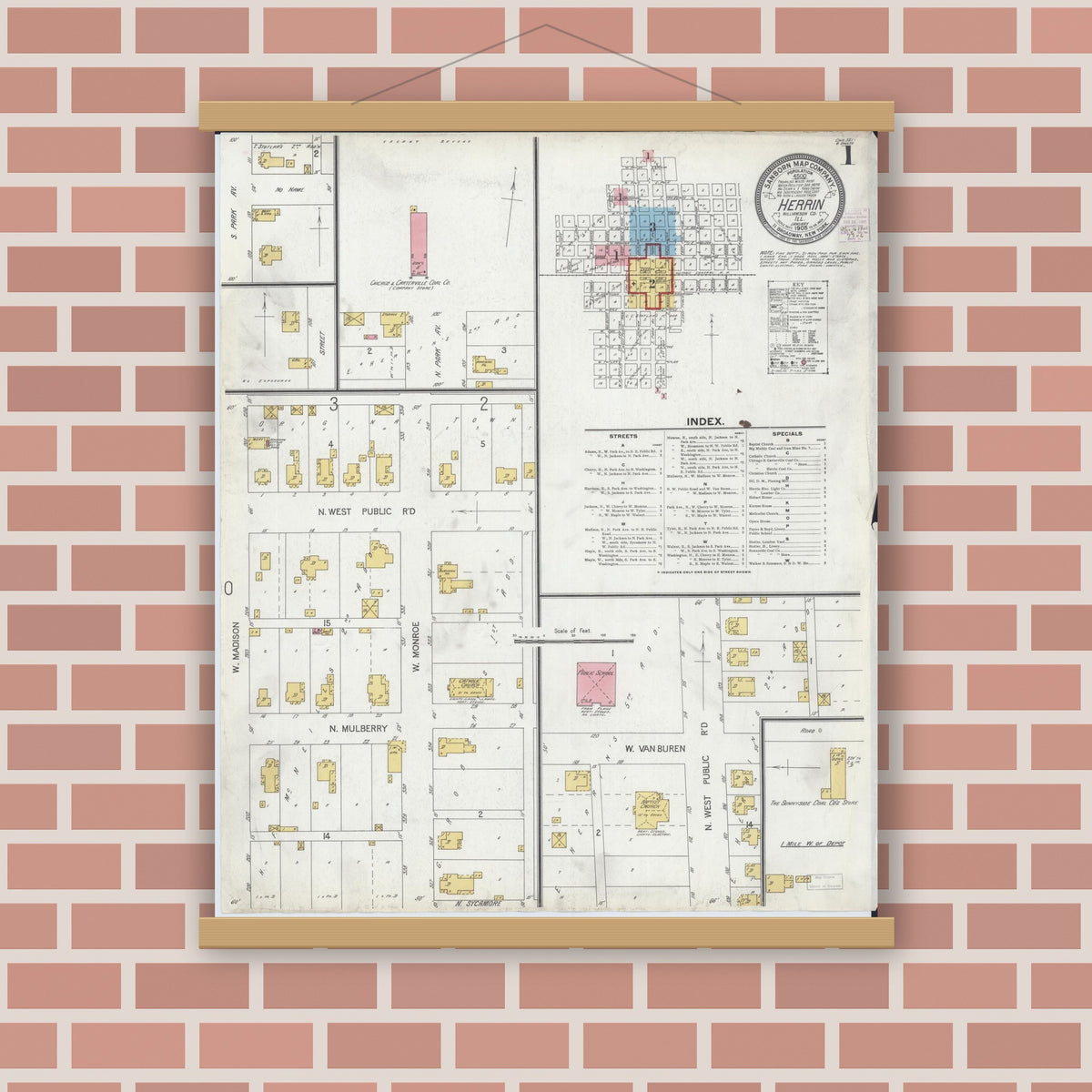 Old map wall art mockup — magnetic wood frame on brick wall — Sanborn Fire Insurance Map from Herrin, Williamson County, Illinois (1905) - Complete Map Set