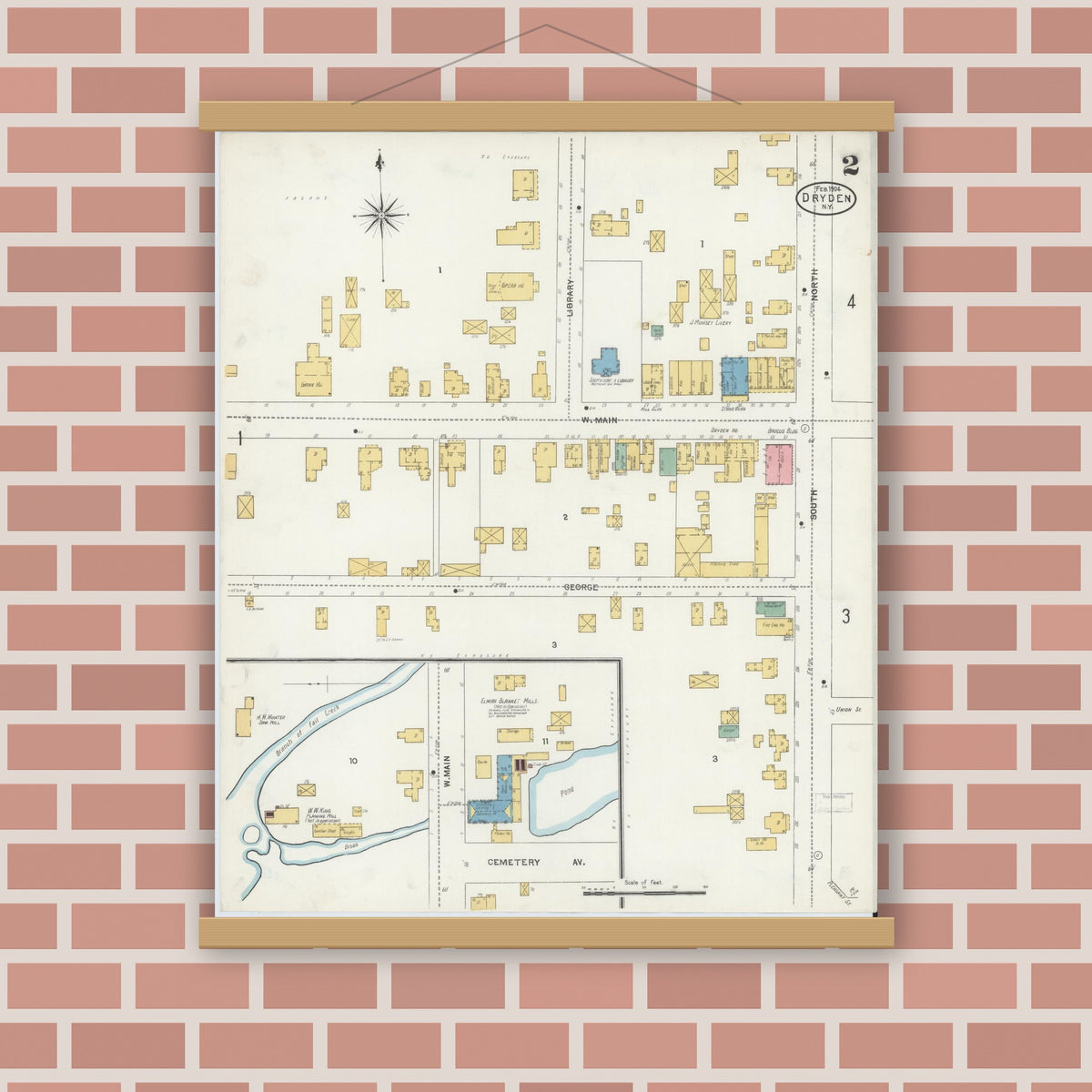 Old map wall art mockup — magnetic wood frame on brick wall — Sanborn Fire Insurance Map from Dryden, Tompkins County, New York (1887), Sheet #0002
