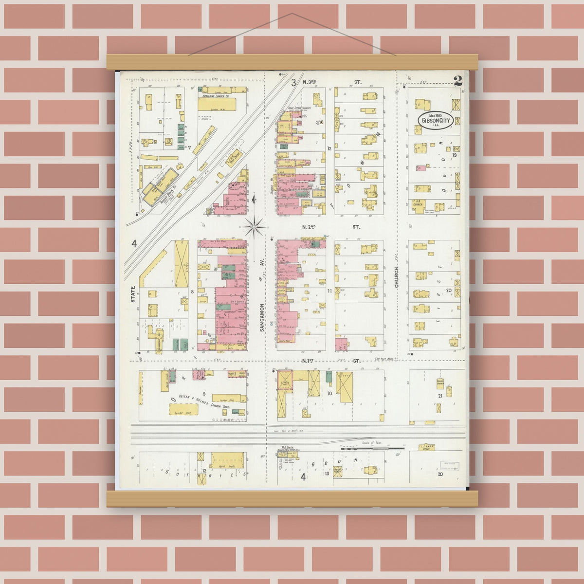 Old map wall art mockup — magnetic wood frame on brick wall — Sanborn Fire Insurance Map from Gibson City, Ford County, Illinois (1900), Sheet #0002