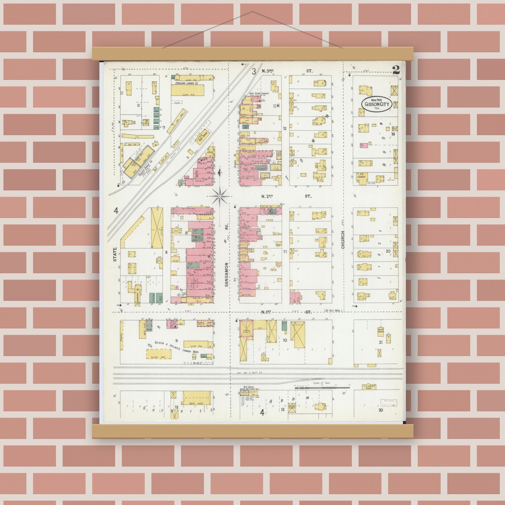 Old map wall art mockup — magnetic wood frame on brick wall — Sanborn Fire Insurance Map from Gibson City, Ford County, Illinois (1900), Sheet #0002