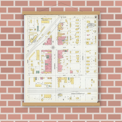Old map wall art mockup — magnetic wood frame on brick wall — Sanborn Fire Insurance Map from Gibson City, Ford County, Illinois (1900), Sheet #0002