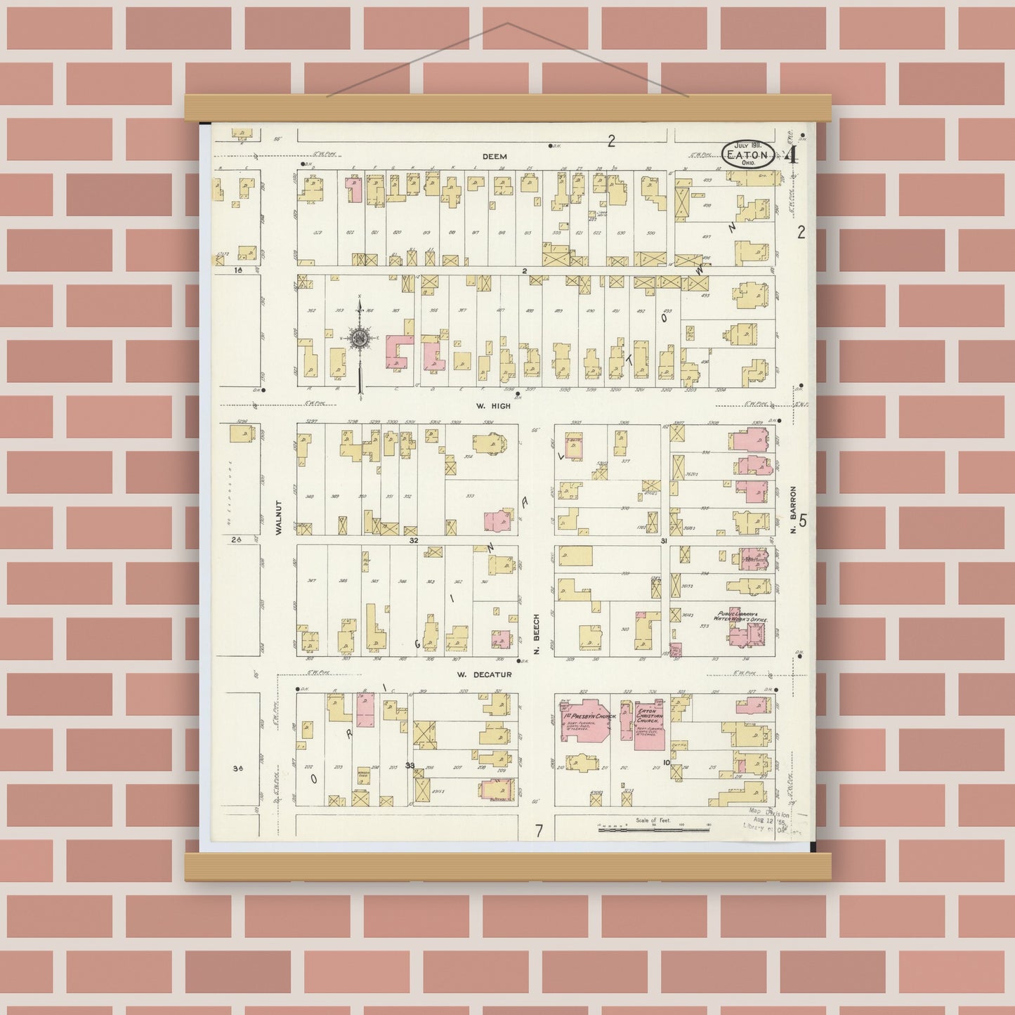 Old map wall art mockup — magnetic wood frame on brick wall — Sanborn Fire Insurance Map from Eaton, Preble County, Ohio (1911), Sheet #0004