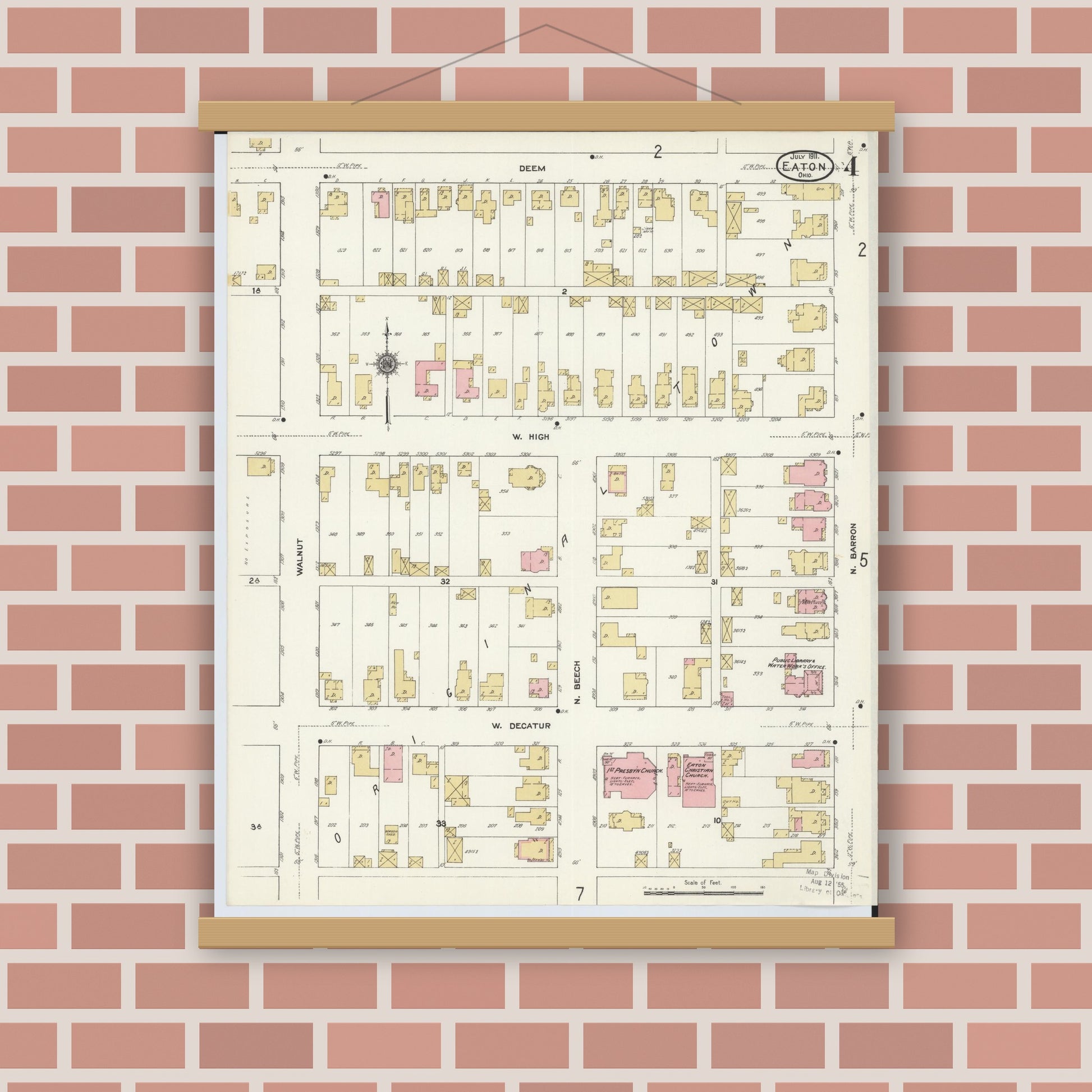 Old map wall art mockup — magnetic wood frame on brick wall — Sanborn Fire Insurance Map from Eaton, Preble County, Ohio (1911), Sheet #0004
