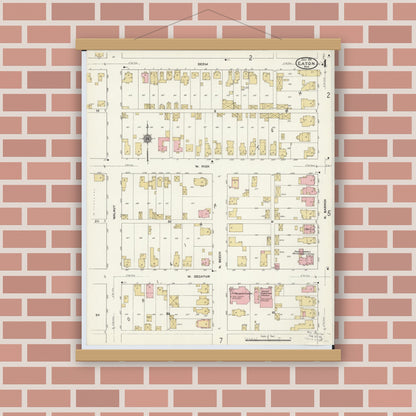 Old map wall art mockup — magnetic wood frame on brick wall — Sanborn Fire Insurance Map from Eaton, Preble County, Ohio (1911), Sheet #0004