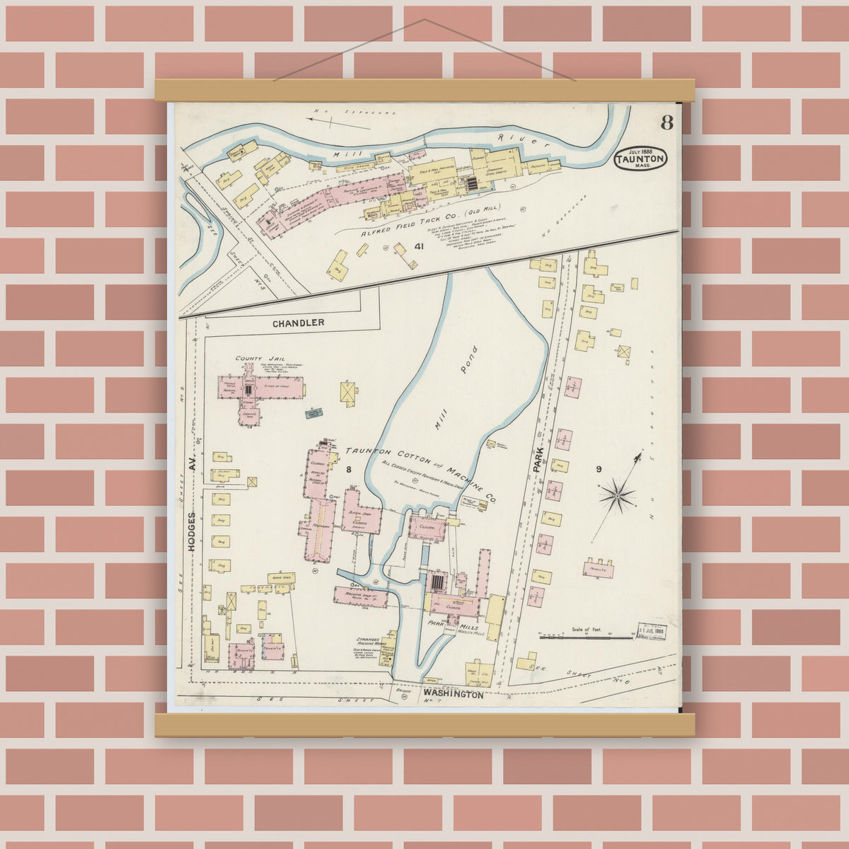 Old map wall art mockup — magnetic wood frame on brick wall — Sanborn Fire Insurance Map from Taunton, Bristol County, Massachusetts (1888), Sheet #0008