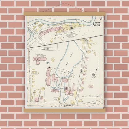 Old map wall art mockup — magnetic wood frame on brick wall — Sanborn Fire Insurance Map from Taunton, Bristol County, Massachusetts (1888), Sheet #0008