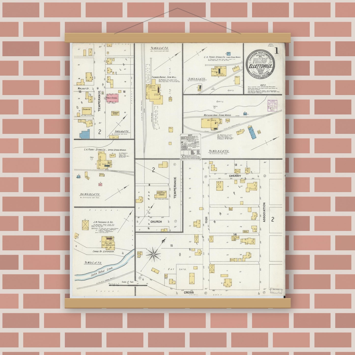 Old map wall art mockup — magnetic wood frame on brick wall — Sanborn Fire Insurance Map from Ellettsville, Monroe County, Indiana (1902) - Complete Map Set
