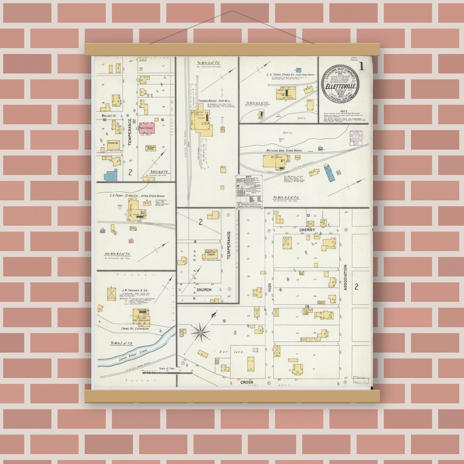 Old map wall art mockup — magnetic wood frame on brick wall — Sanborn Fire Insurance Map from Ellettsville, Monroe County, Indiana (1902) - Complete Map Set