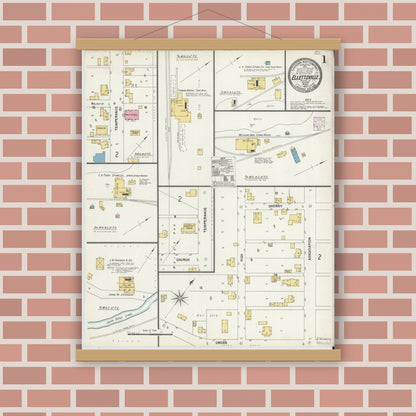 Old map wall art mockup — magnetic wood frame on brick wall — Sanborn Fire Insurance Map from Ellettsville, Monroe County, Indiana (1902) - Complete Map Set