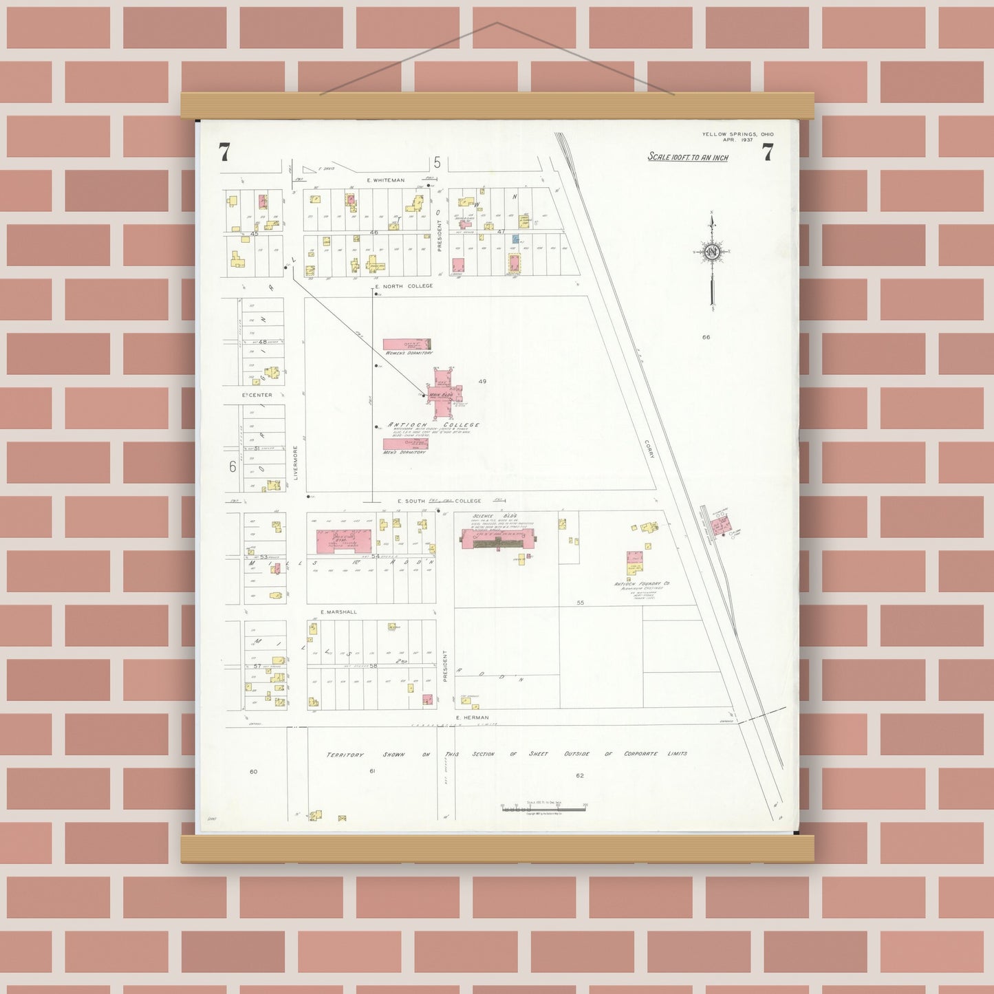 Old map wall art mockup — magnetic wood frame on brick wall — Sanborn Fire Insurance Map from Yellow Springs, Greene County, Ohio (1937), Sheet #0007