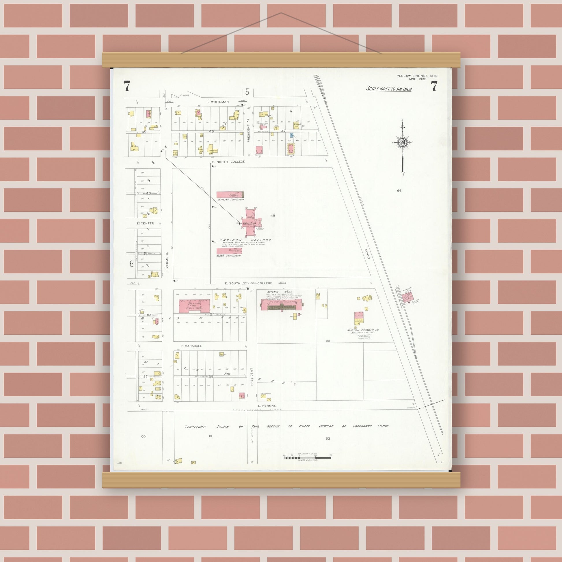 Old map wall art mockup — magnetic wood frame on brick wall — Sanborn Fire Insurance Map from Yellow Springs, Greene County, Ohio (1937), Sheet #0007