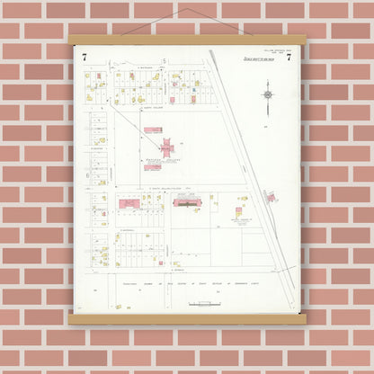 Old map wall art mockup — magnetic wood frame on brick wall — Sanborn Fire Insurance Map from Yellow Springs, Greene County, Ohio (1937), Sheet #0007
