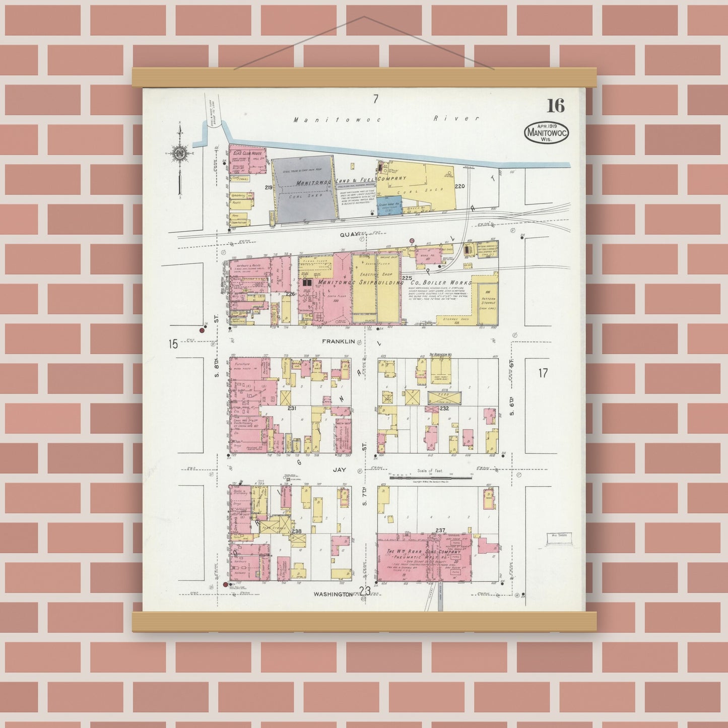 Old map wall art mockup — magnetic wood frame on brick wall — Sanborn Fire Insurance Map from Manitowoc, Manitowoc County, Wisconsin (1919), Sheet #0016
