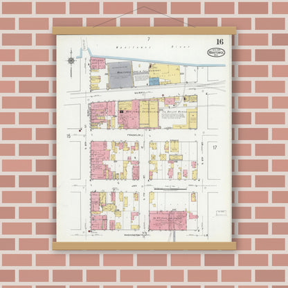 Old map wall art mockup — magnetic wood frame on brick wall — Sanborn Fire Insurance Map from Manitowoc, Manitowoc County, Wisconsin (1919), Sheet #0016