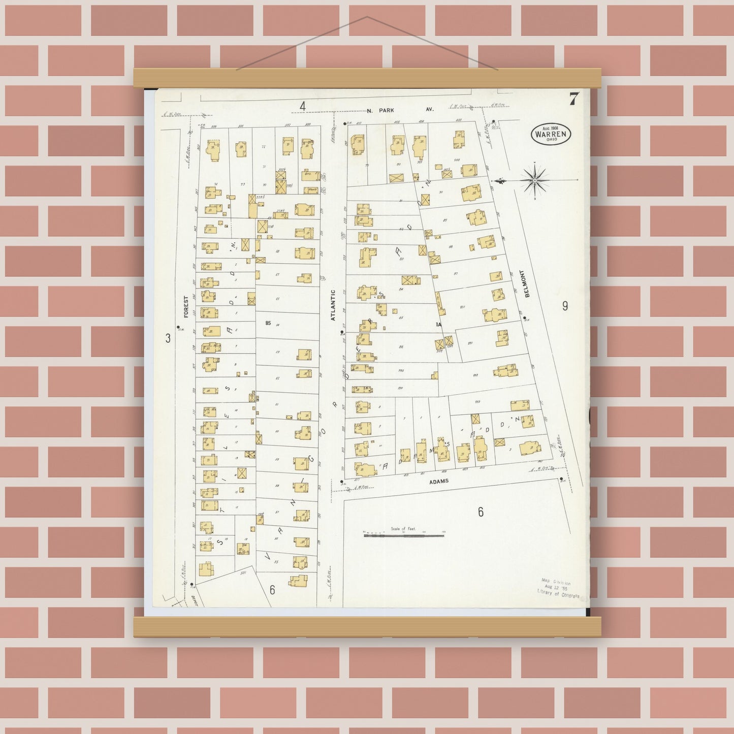 Old map wall art mockup — magnetic wood frame on brick wall — Sanborn Fire Insurance Map from Warren, Trumbull County, Ohio (1908), Sheet #0007